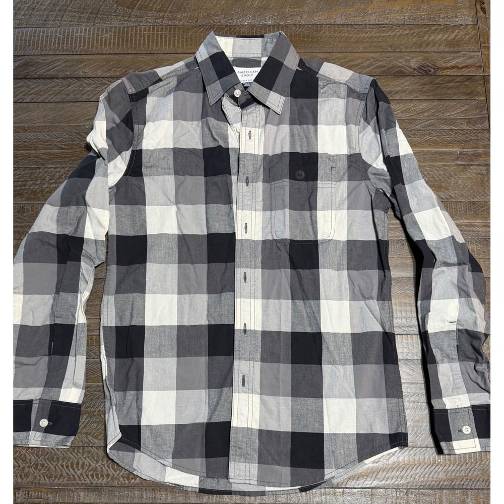 American Eagle Button Down Mens XS Grey Black Plaid Excellent Super Soft Flannel
